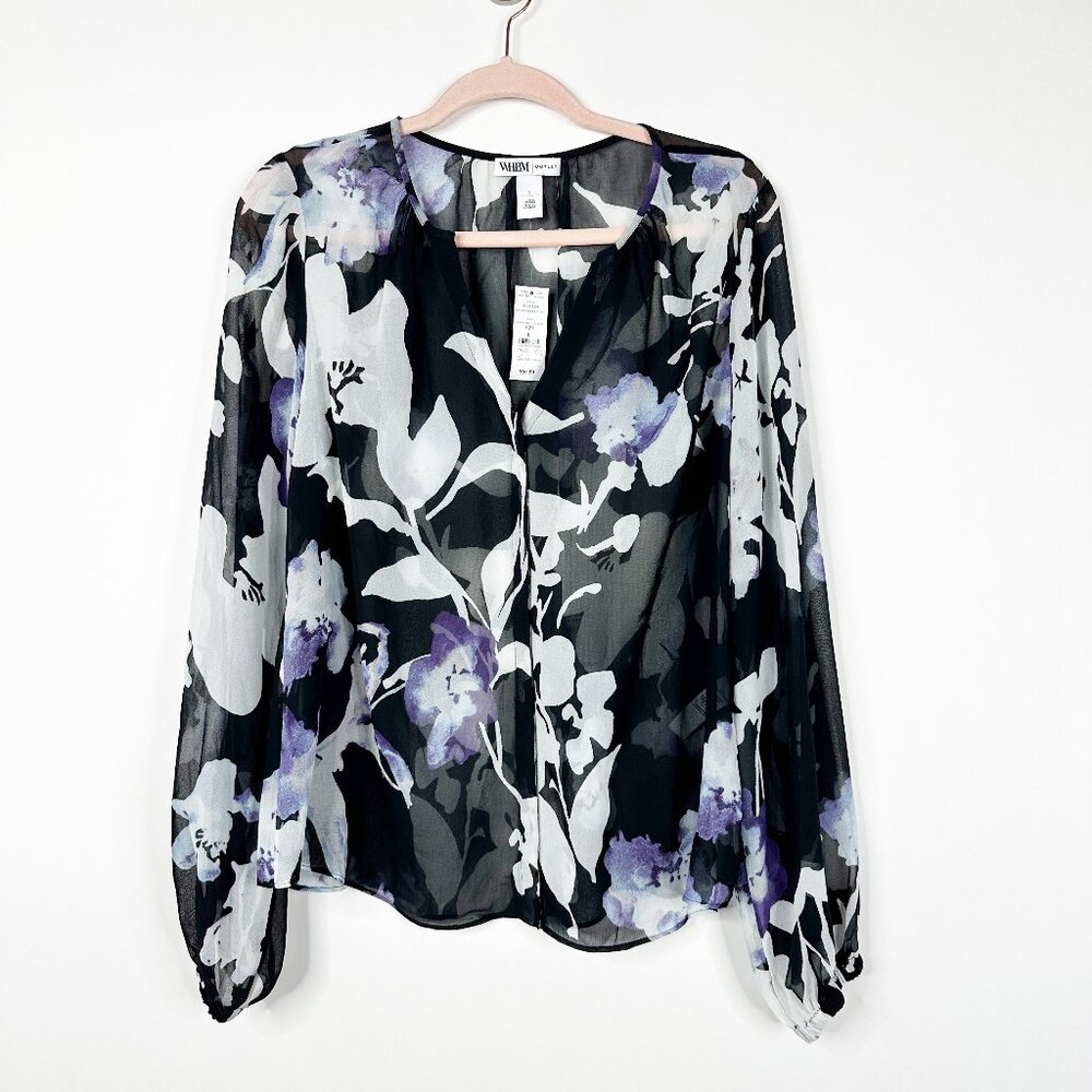NWT White House Black Market Long Sleeve V-Neck Shirt Abstract Blooms #WHBM31 - Picture 2 of 9